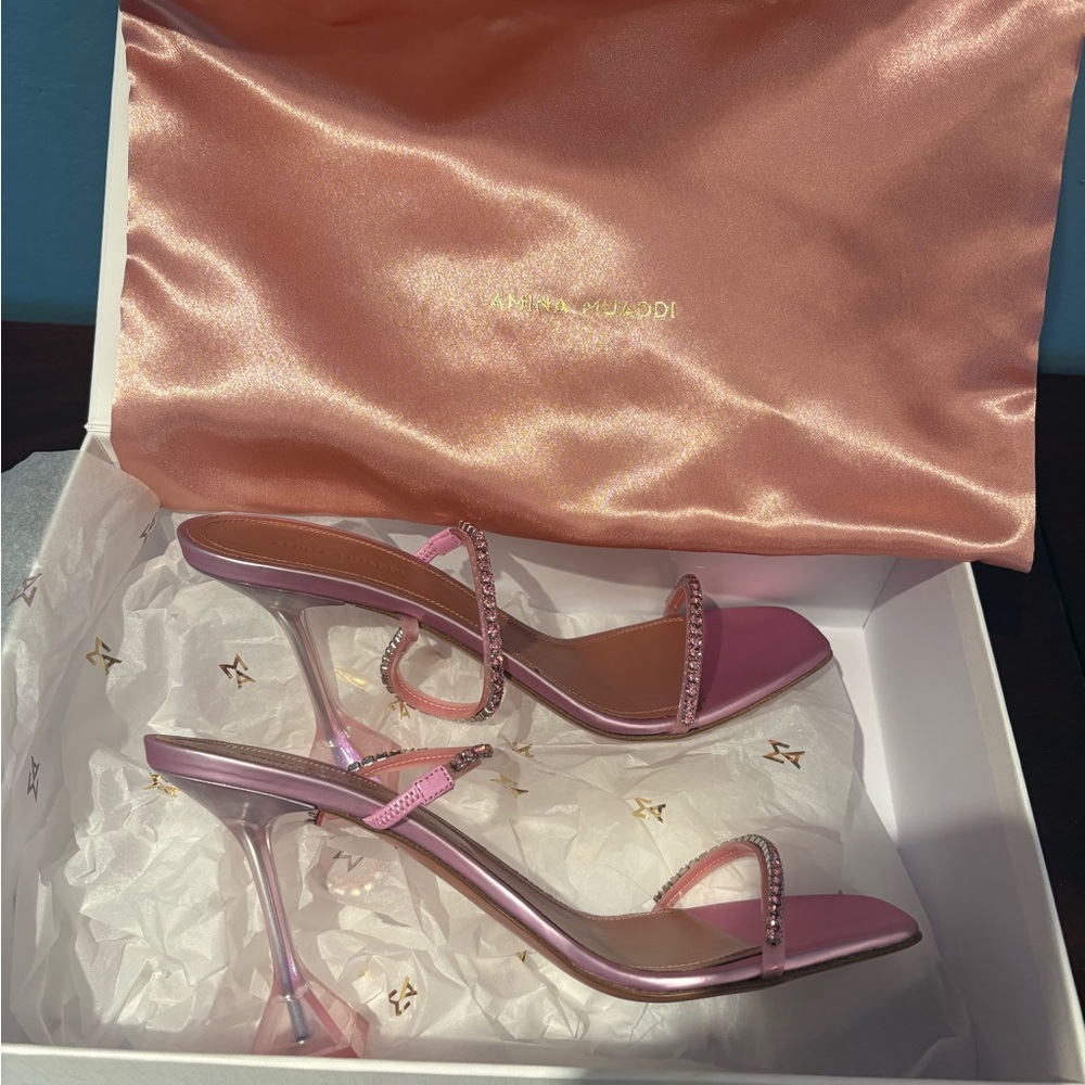 Amina Muaddi Pink Crystal-Embellished Heels